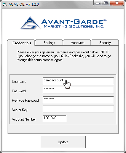 In the Setup dialog box under the Credentials tab, enter in the credentials for logging into the AGMS Gateway