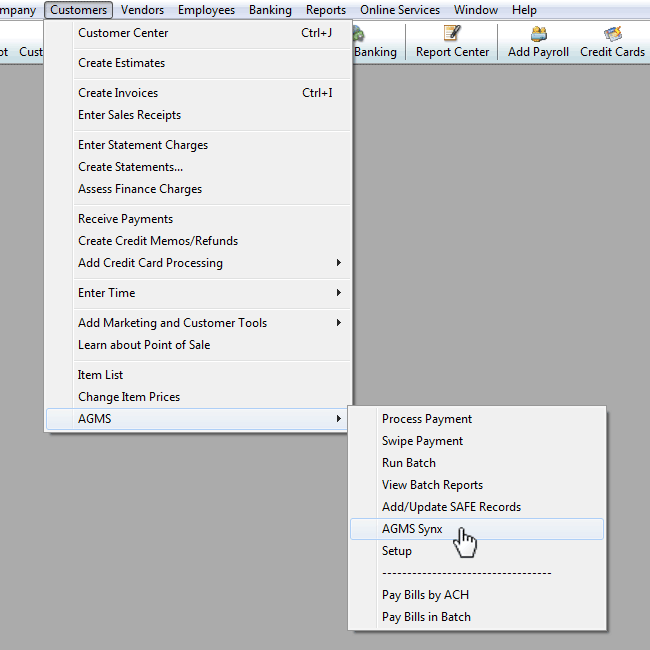 Under the Customers tab, navigate to AGMS and select AGMS Synx to show the synx dialog box